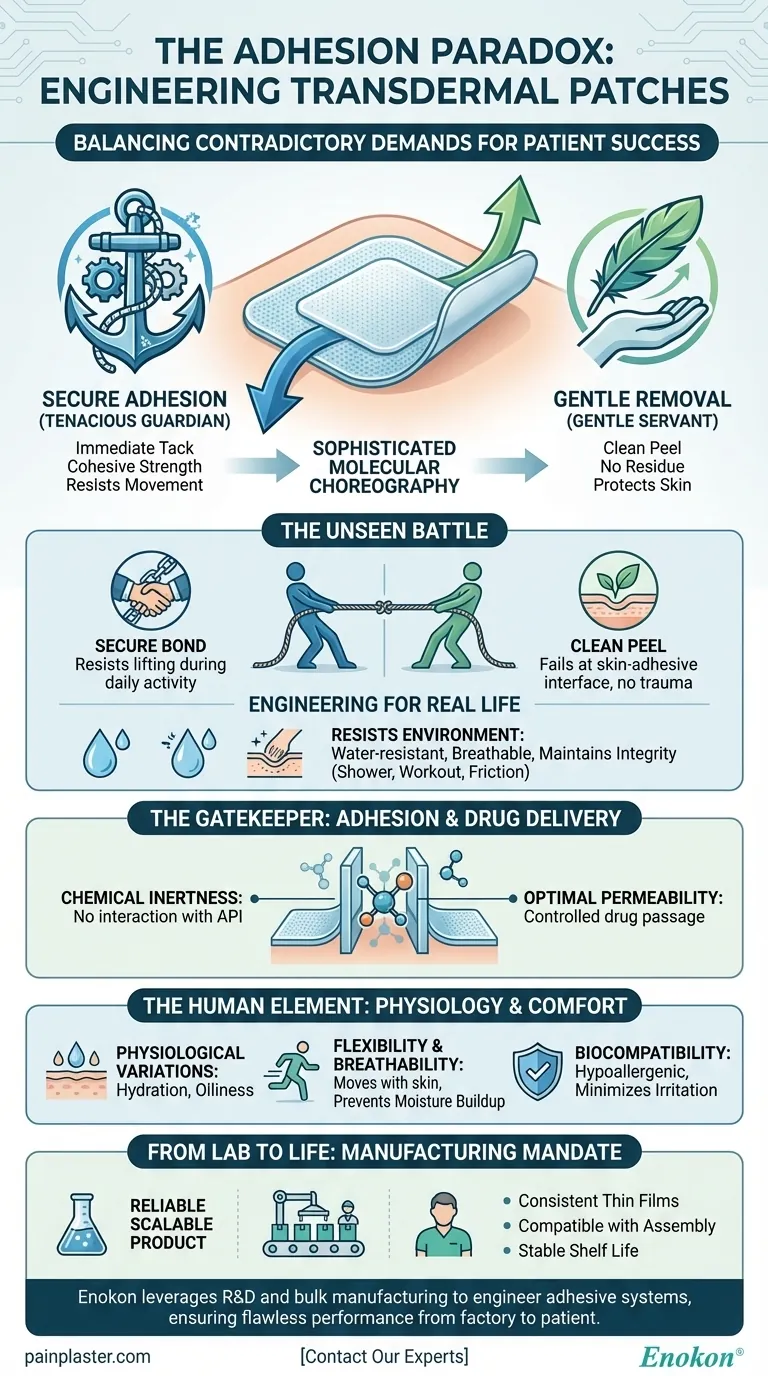 부착 역설: 경피 패치의 상반된 요구 사항 엔지니어링 시각적 가이드