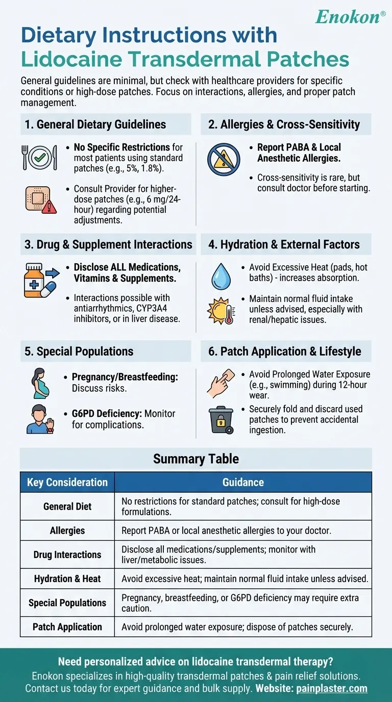 リドカイン経皮吸収製剤の使用中は、どのような食事指導に従うべきですか？安全使用のための主なガイドライン ビジュアルガイド