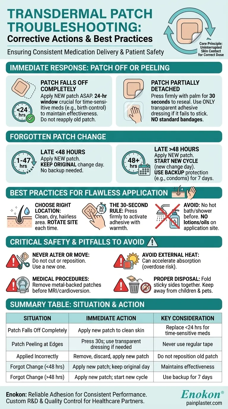 What should be done if the patch comes off or is applied incorrectly? Ensure Safe & Effective Medication Delivery Visual Guide