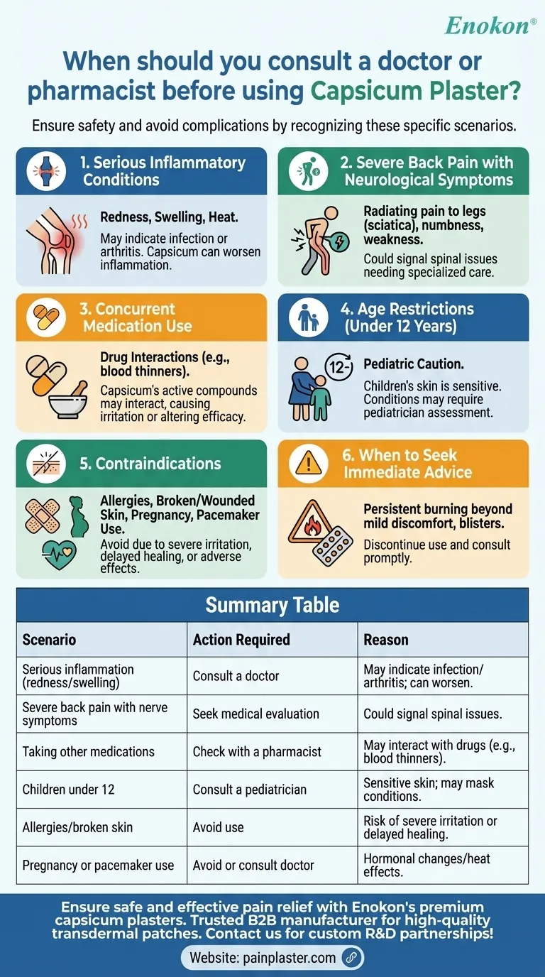 When should you consult a doctor or pharmacist before using Capsicum Plaster? Safety Guide Visual Guide