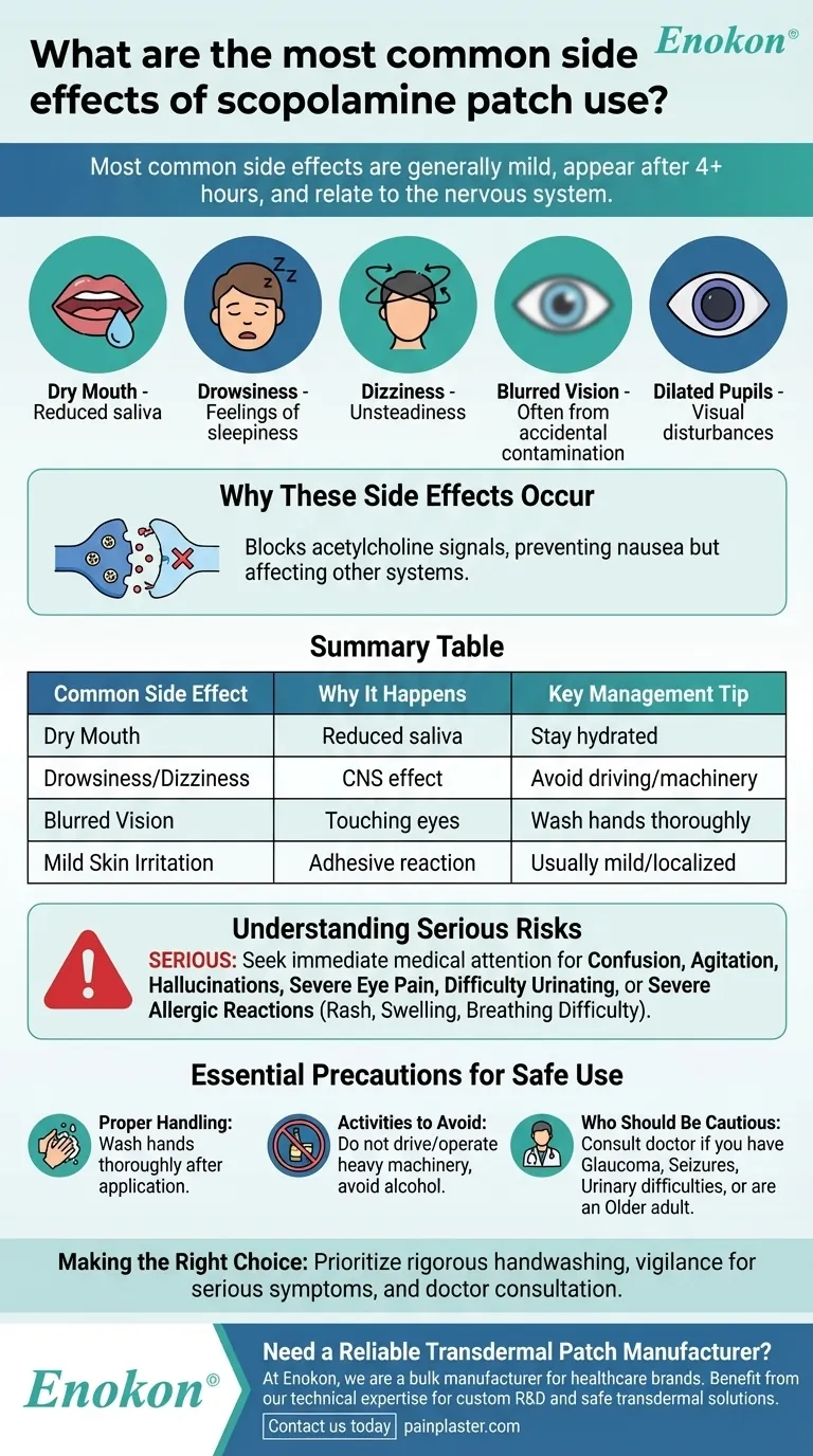 What are the most common side effects of scopolamine patch use? Manage Dry Mouth, Drowsiness & Vision Issues Visual Guide