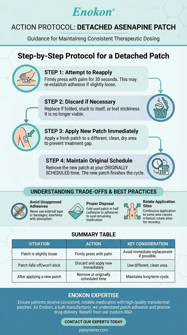 What should be done if the asenapine patch loosens or falls off before it is time to replace it? Ensure Consistent Medication Delivery Visual Guide