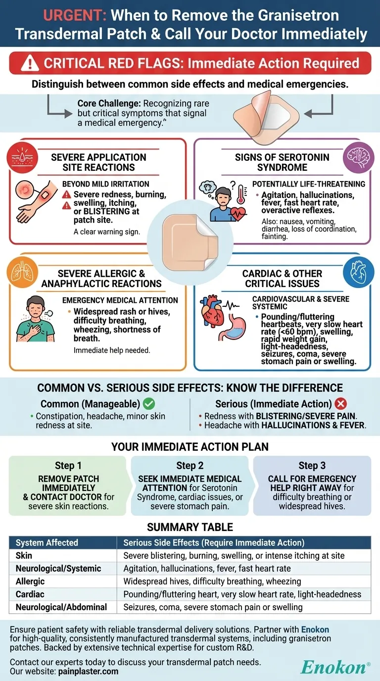 What serious side effects should prompt immediate removal of the granisetron transdermal patch? Know the Red Flags Visual Guide