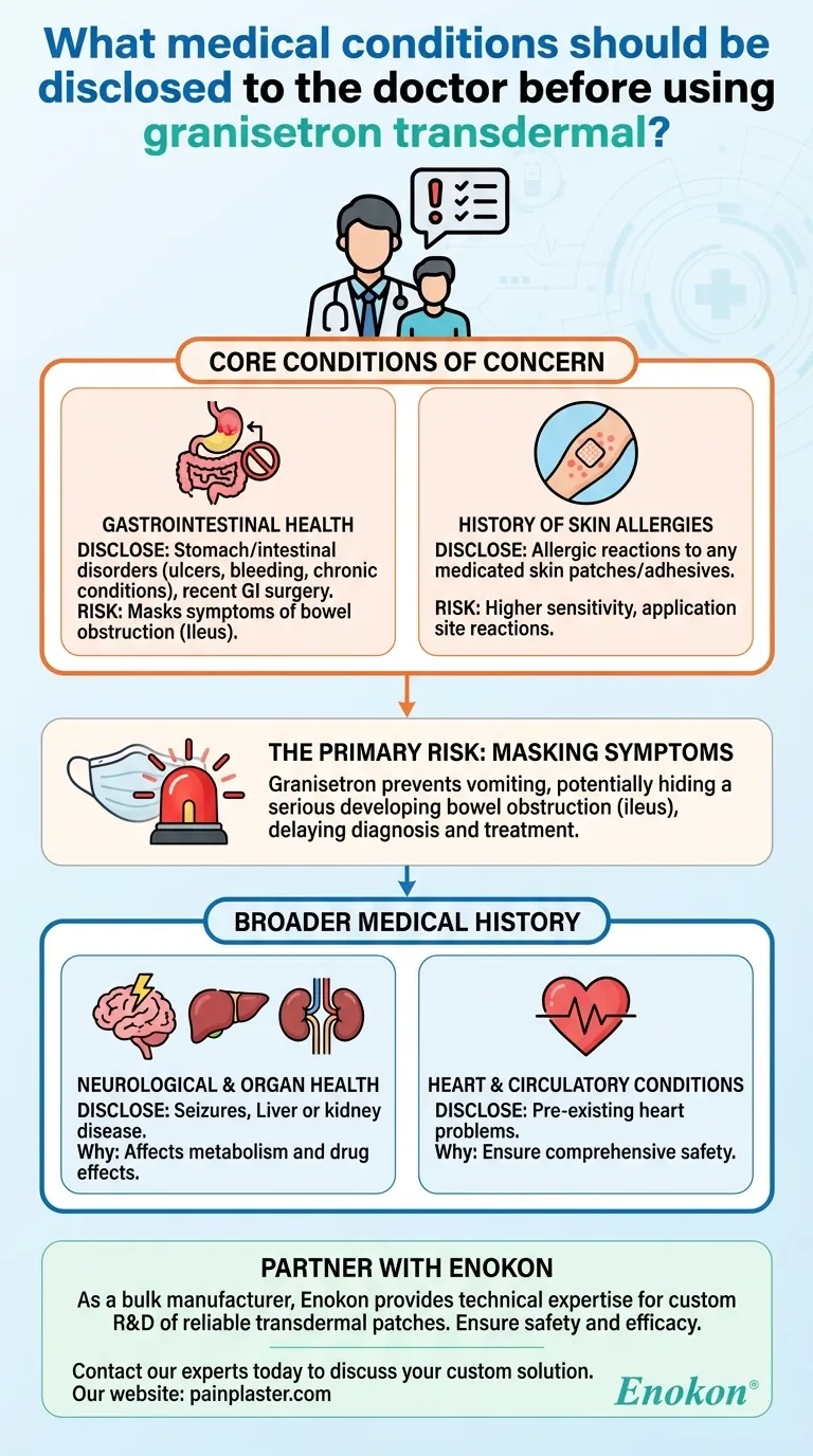 ¿Qué afecciones médicas deben comunicarse antes de utilizar granisetrón transdérmico?Consejos de seguridad Guía Visual