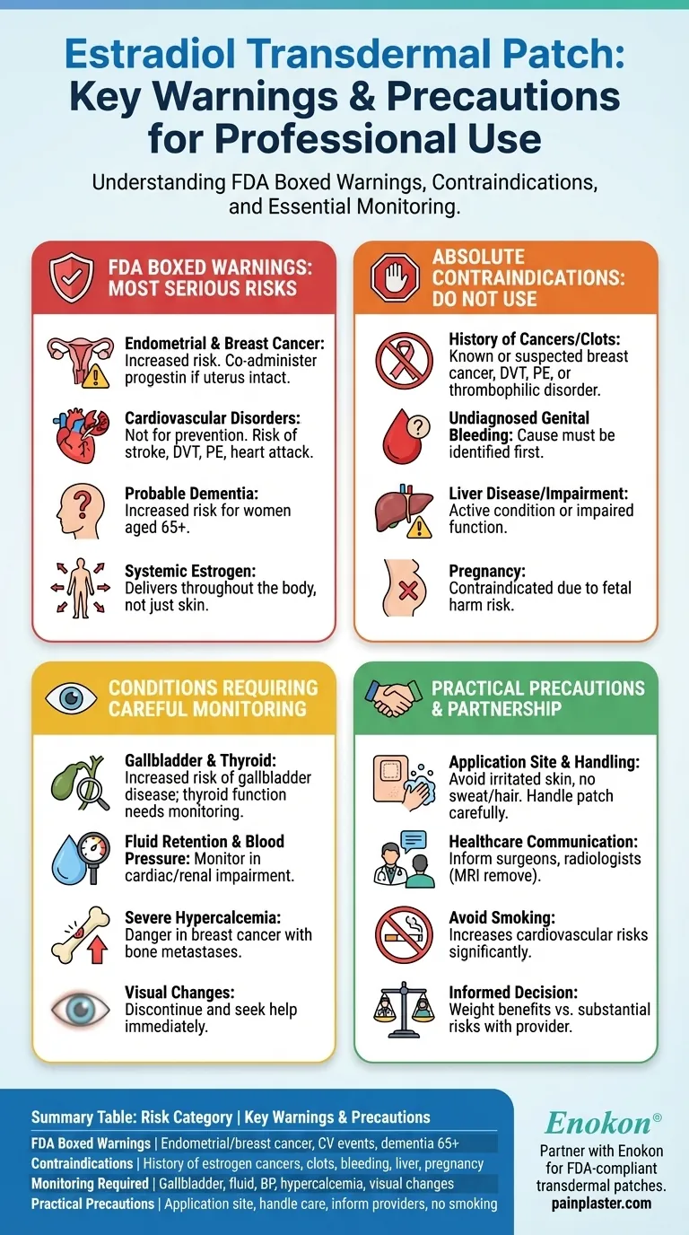 エストラジオール経皮吸収パッチに関連する警告と注意事項にはどのようなものがありますか？主なリスクと安全対策 ビジュアルガイド