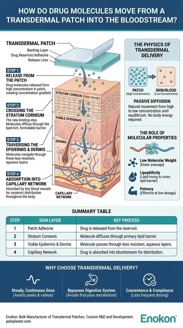 薬物分子はどのようにして経皮パッチから血流に移行するのか？経皮薬物送達を理解する ビジュアルガイド