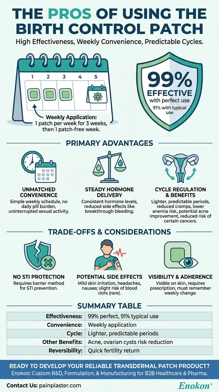 Quais são as vantagens de utilizar o adesivo contracetivo?Contraceção semanal conveniente com benefícios adicionais Guia Visual