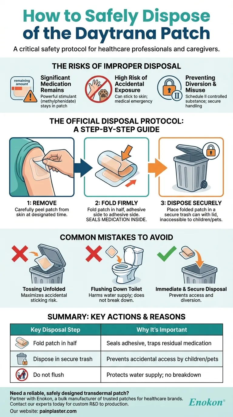 Wie sollte das Daytrana Pflaster entsorgt werden?Schritte zur sicheren Entsorgung, um eine versehentliche Exposition zu vermeiden Visuelle Anleitung