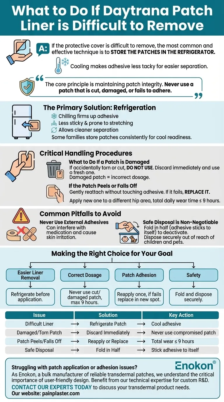 What should be done if the protective cover of the Daytrana patch is difficult to remove? Try Refrigeration for Easier Application Visual Guide