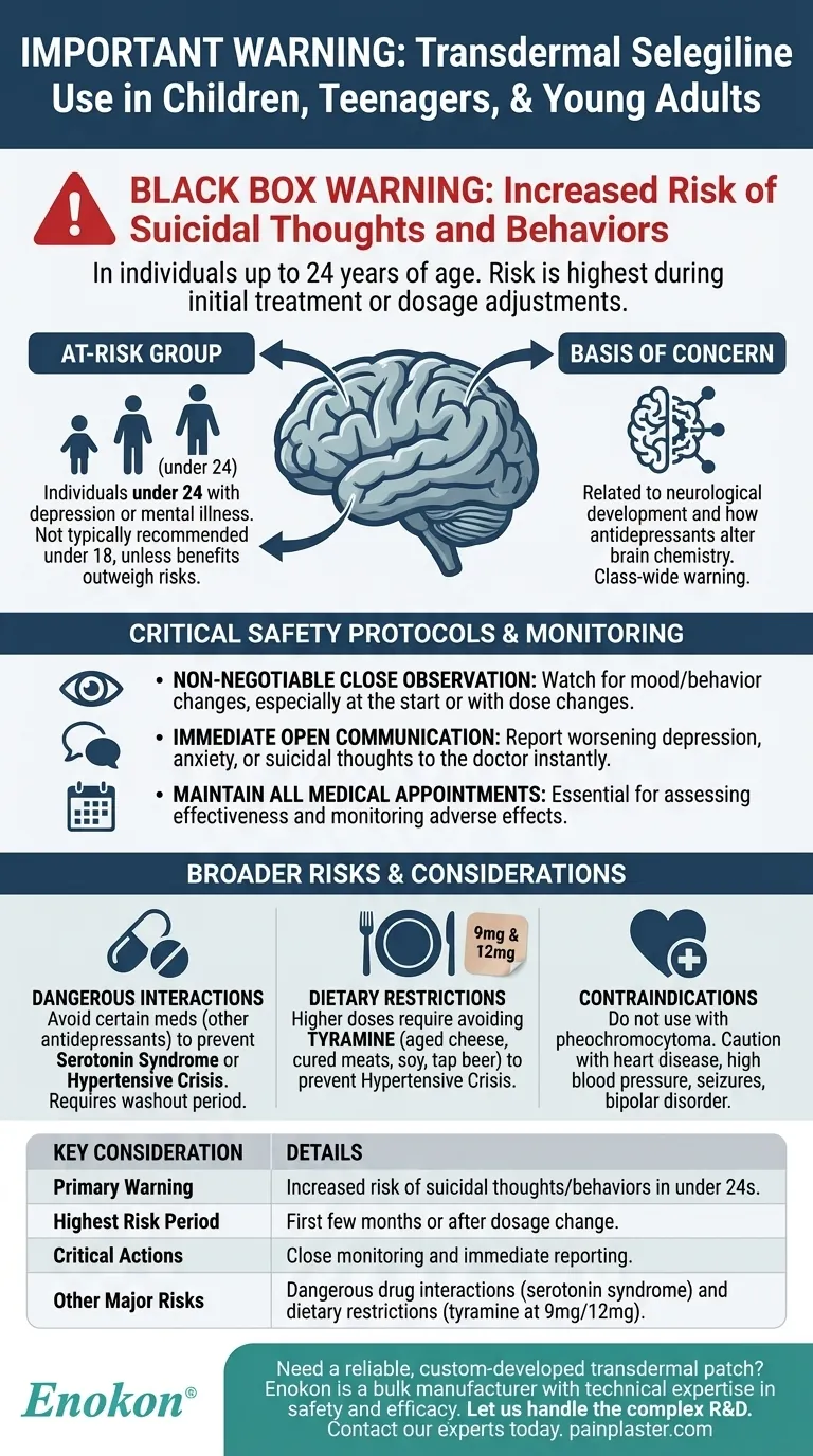 Qual é o aviso importante relativo à utilização de selegilina transdérmica em crianças, adolescentes e jovens adultos?Riscos críticos de segurança explicados Guia Visual