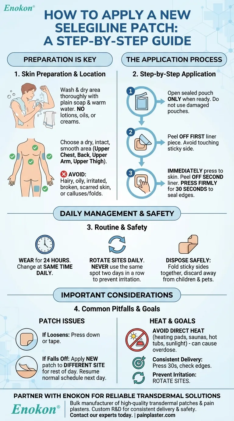 What steps should be followed when applying a new selegiline patch? Ensure Safe & Effective Transdermal Therapy Visual Guide