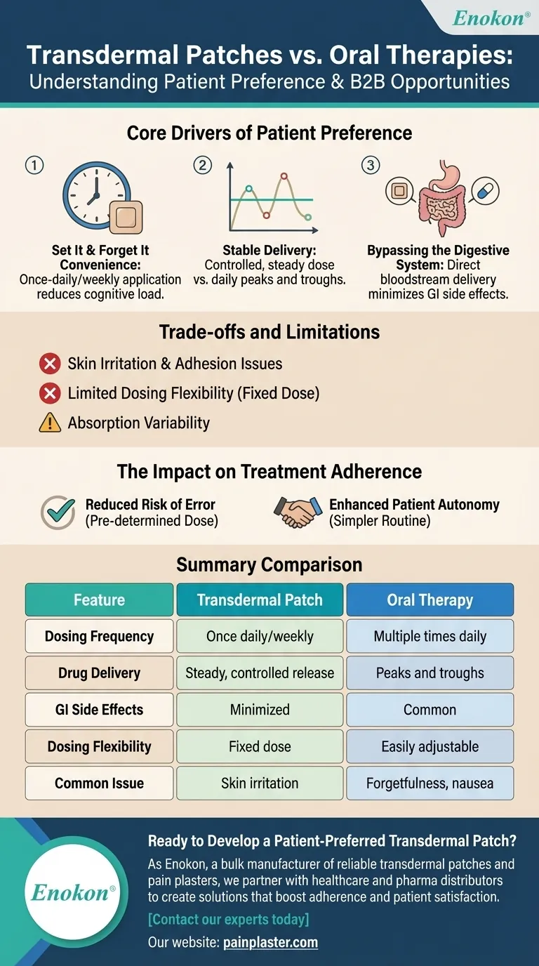 Чем трансдермальные пластыри отличаются от пероральных препаратов?Ключевые преимущества для предпочтения пациентов Визуальное руководство