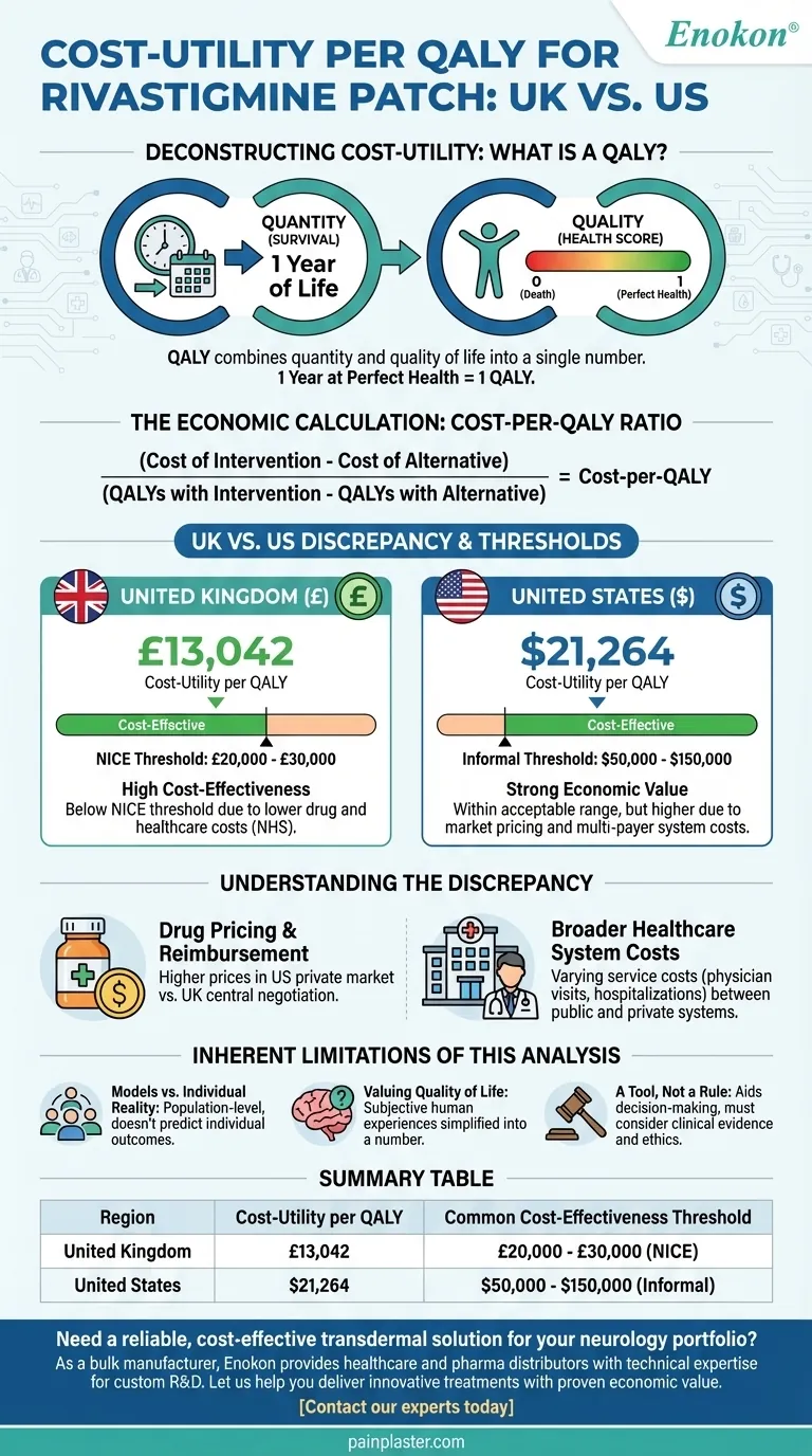 Qual é a relação custo-utilidade por QALY para o adesivo de rivastigmina no Reino Unido e nos EUA?Principais informações económicas Guia Visual