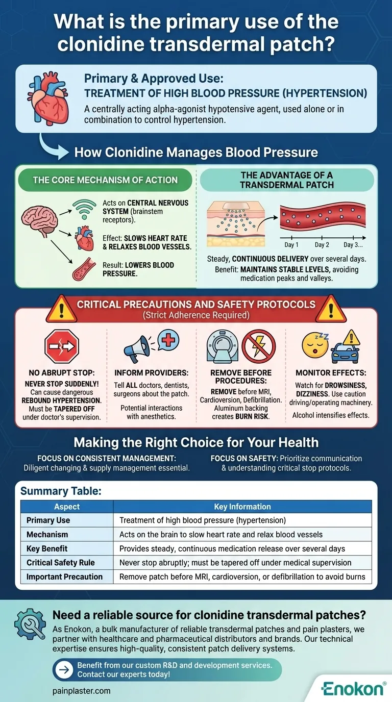 What is the primary use of the clonidine transdermal patch? A Guide to Safe Hypertension Management Visual Guide