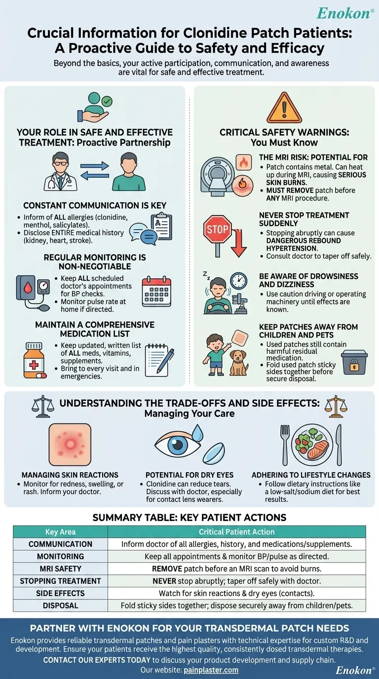 What additional information should patients know about using the clonidine patch? Ensure Safe and Effective Treatment Visual Guide