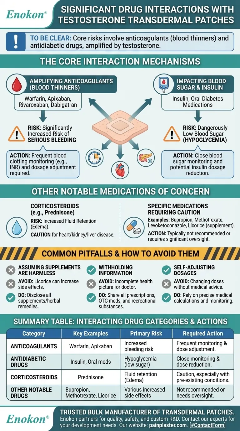 What are some significant drug interactions with testosterone transdermal patches? Manage Blood Thinners & Insulin Risks Visual Guide