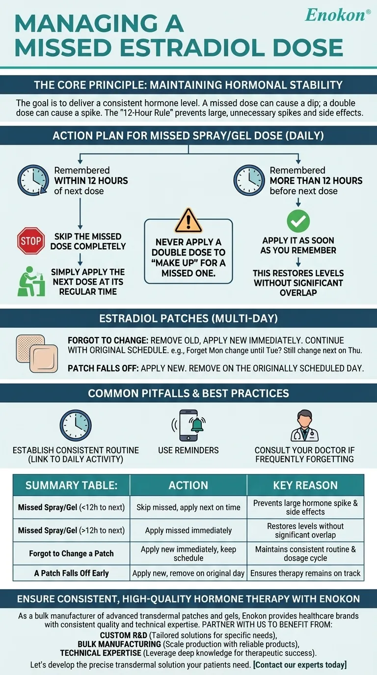 エストラジオールスプレーまたはゲルの投与が遅れた場合はどうすればよいですか？飲み忘れを安全に管理する ビジュアルガイド