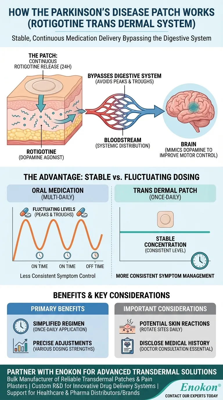 How does the patch provide medication for Parkinson's disease? Achieve 24-Hour Stable Symptom Control Visual Guide