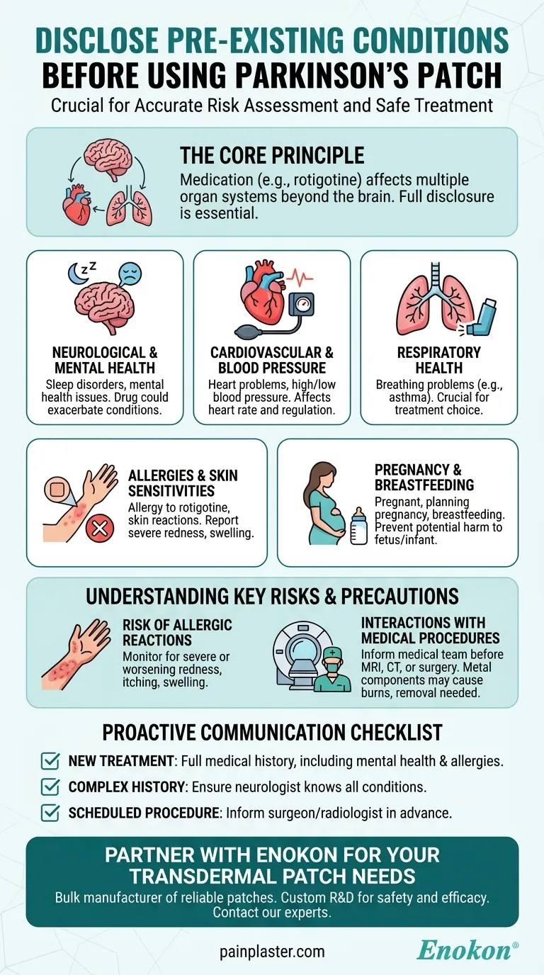 Que condições pré-existentes devem ser reveladas antes de utilizar o adesivo para a doença de Parkinson?Garantir um tratamento seguro e eficaz Guia Visual