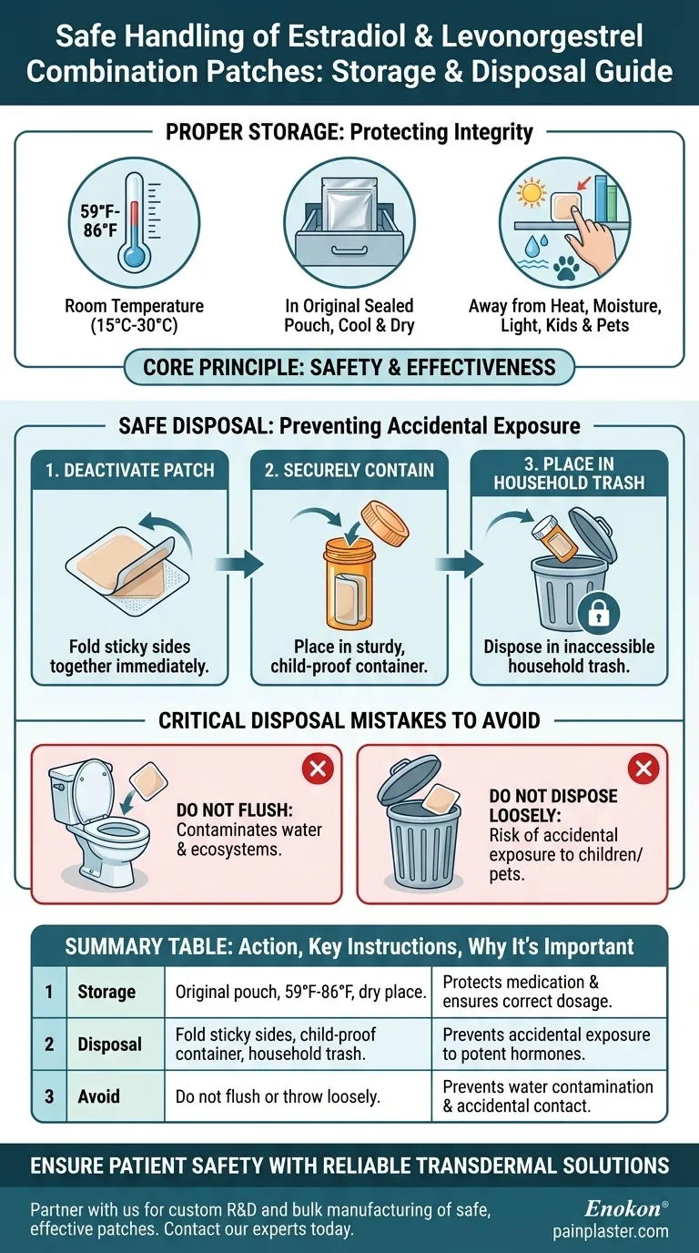 How should the estradiol and levonorgestrel combination skin patch be stored and disposed of? A Safety Guide Visual Guide