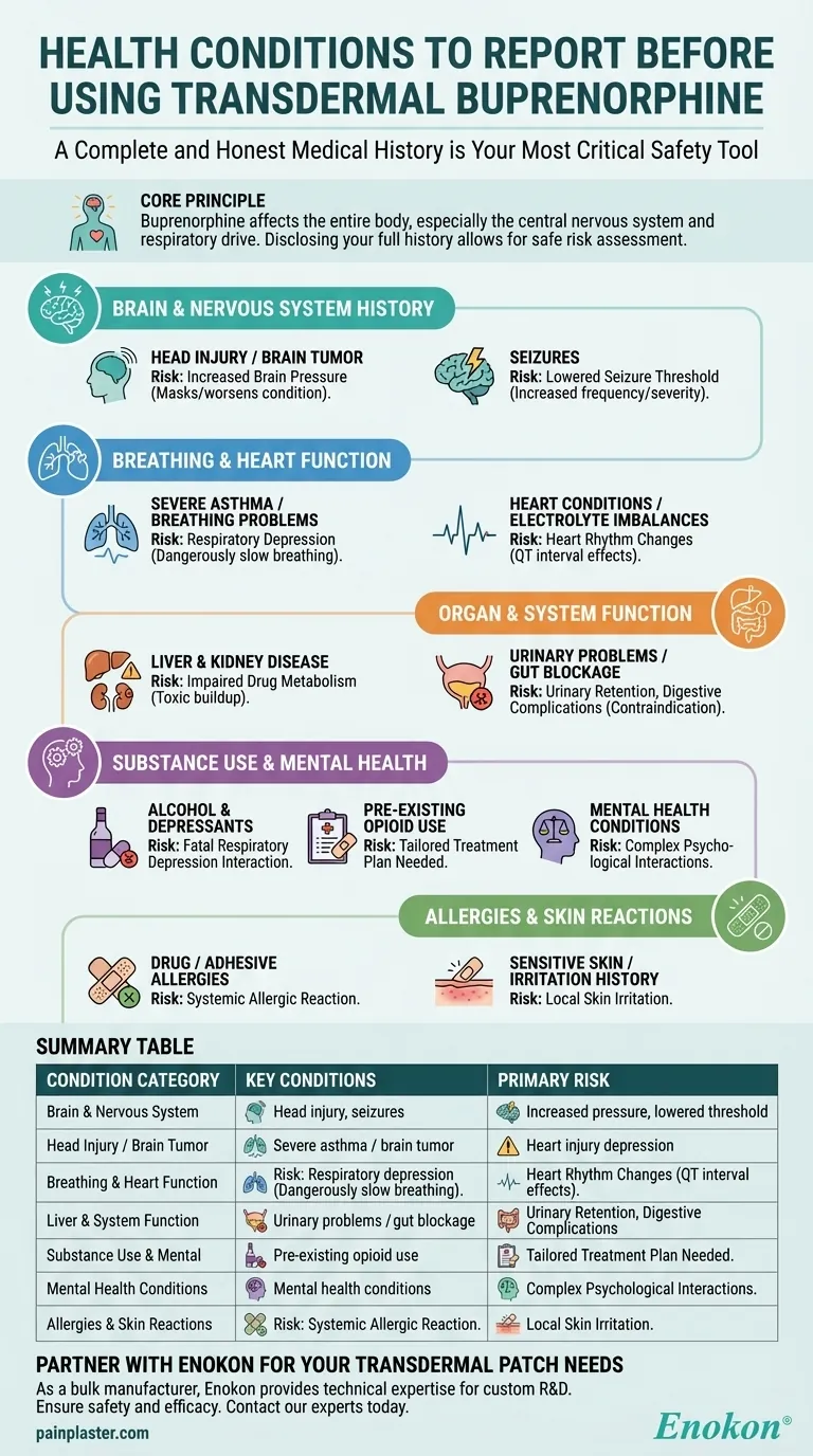 ما هي الحالات الصحية التي يجب الإبلاغ عنها قبل استخدام البوبرينورفين عبر الجلد؟ضمان الإدارة الآمنة والفعالة للألم دليل مرئي