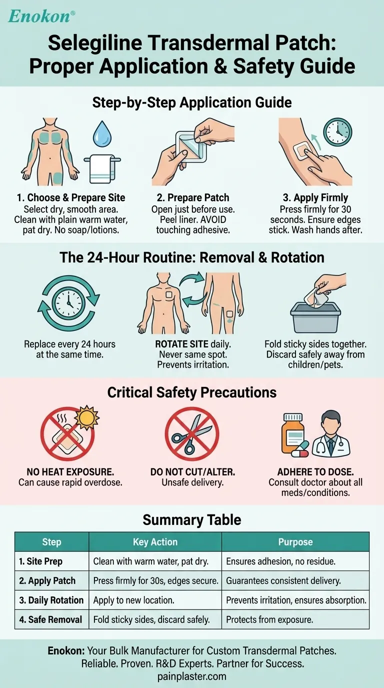 Quais são os passos para aplicar corretamente o adesivo transdérmico de selegilina?Assegurar uma distribuição óptima da medicação Guia Visual