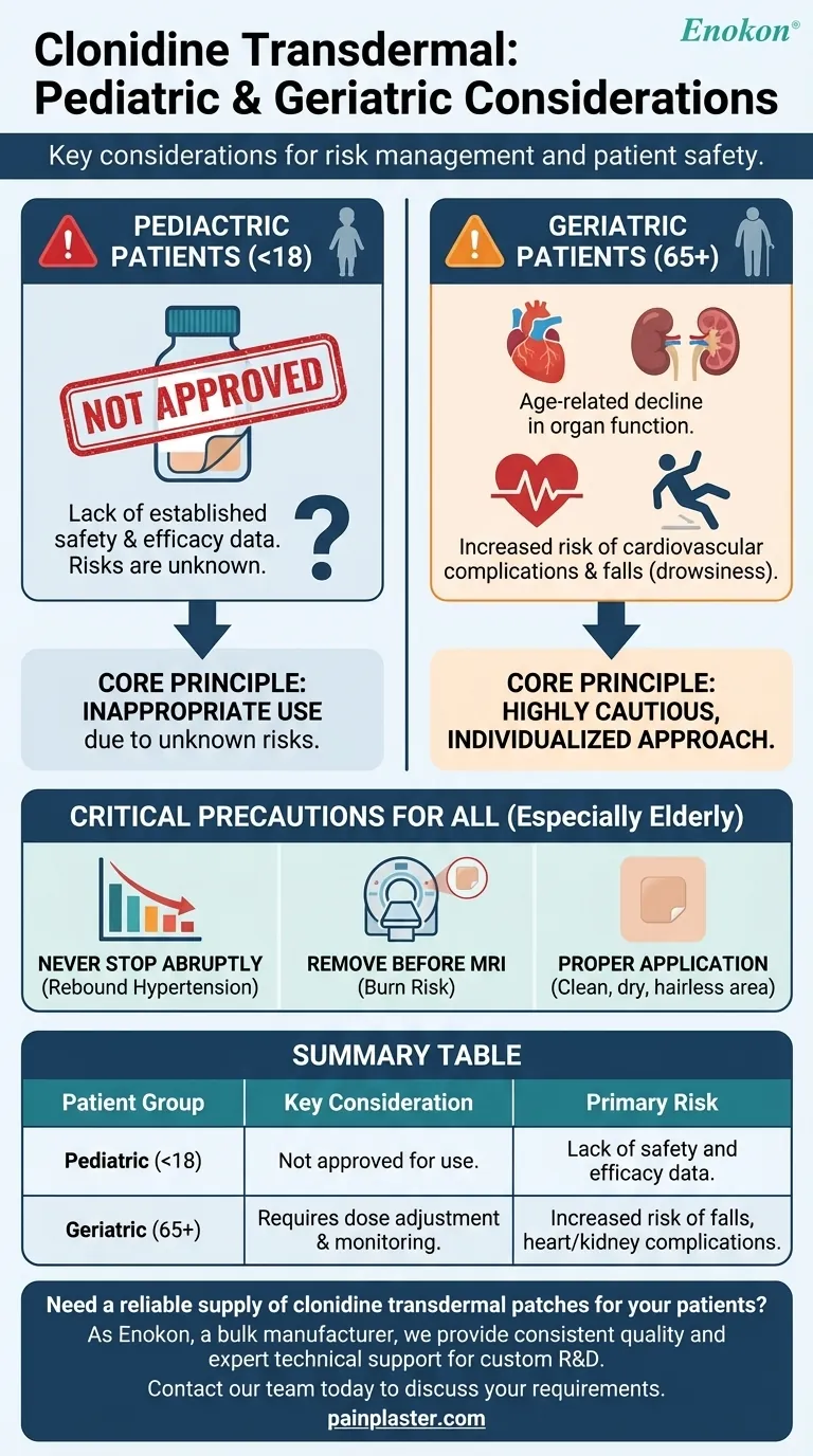 クロニジン経皮吸収製剤を使用する小児・老年患者にはどのような特別な配慮が必要か？主な安全性および使用ガイドライン ビジュアルガイド