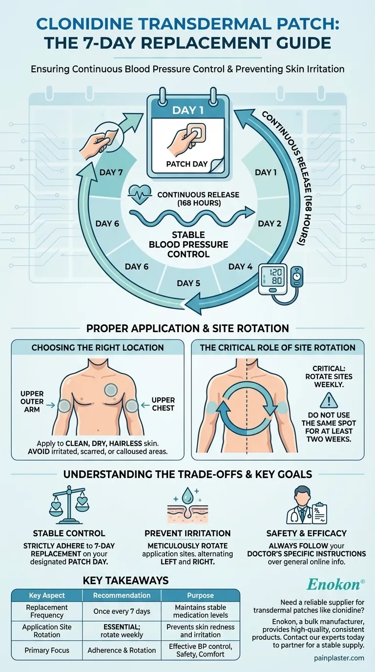 How often should the clonidine transdermal patch be replaced? A Guide to the 7-Day Schedule Visual Guide