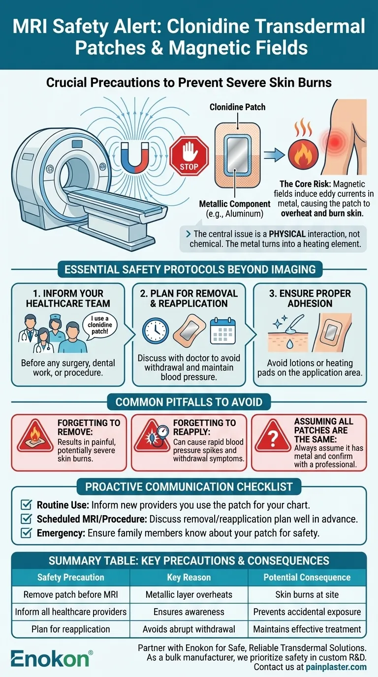 クロニジンパッチによるMRI検査にはどのような注意が必要ですか？皮膚熱傷を避け、安全性を確保する ビジュアルガイド