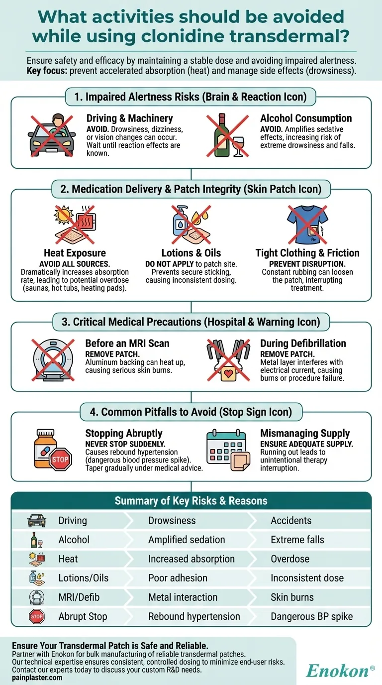 What activities should be avoided while using clonidine transdermal? Ensure Safe & Effective Treatment Visual Guide