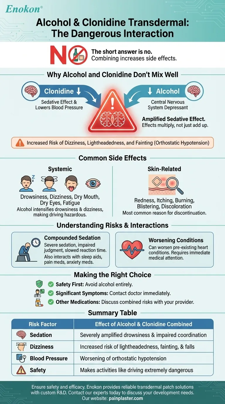 What is the interaction between alcohol and clonidine transdermal? Avoid Dangerous Sedation & Side Effects Visual Guide