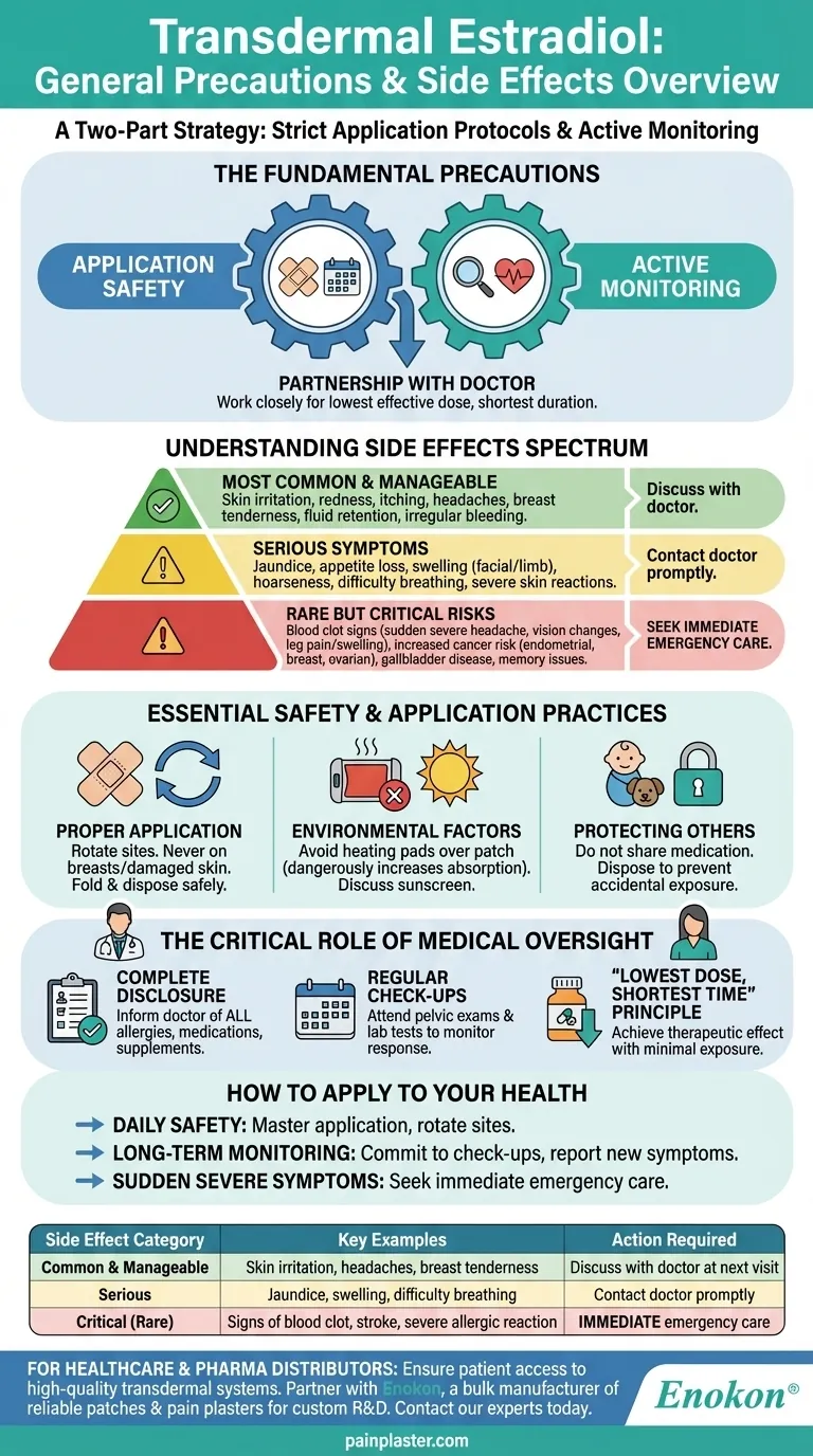 Quais são as precauções gerais relativamente aos efeitos secundários do estradiol transdérmico?Gerir com segurança os riscos da terapia hormonal Guia Visual