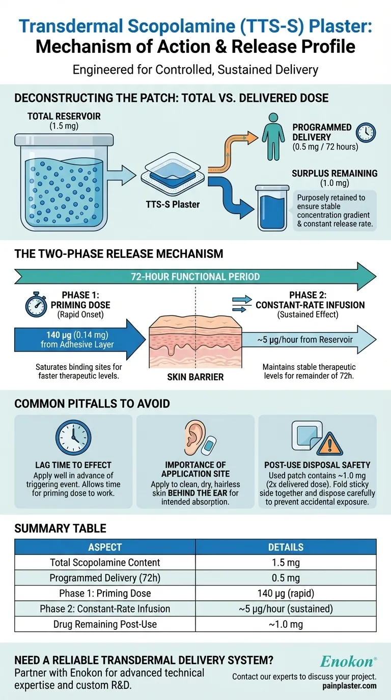 TTS-Sプラスターにはどのくらいのスコポラミンが含まれていて、どのように放出されるのですか？ ビジュアルガイド