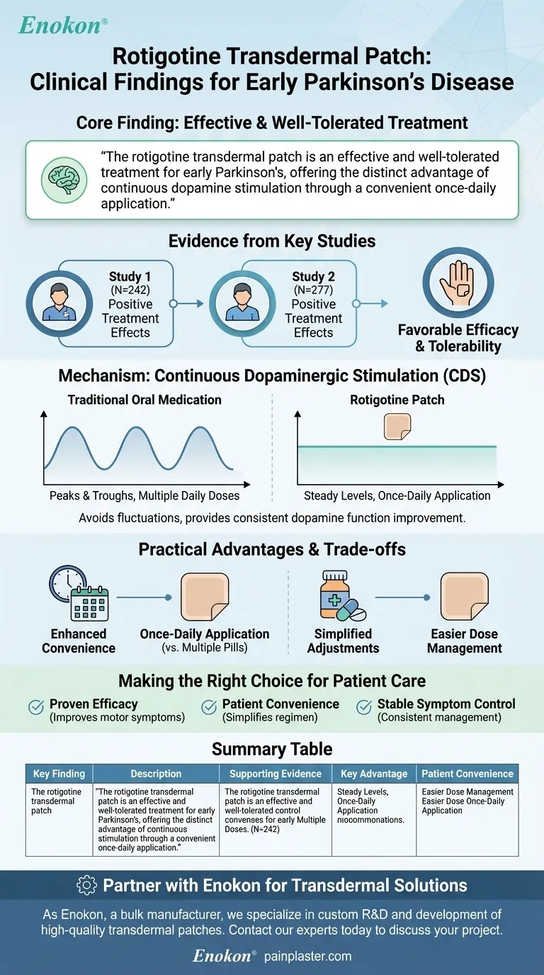 Quais foram os resultados dos estudos clínicos relativos ao tratamento transdérmico com rotigotina no início da doença de Parkinson? Guia Visual