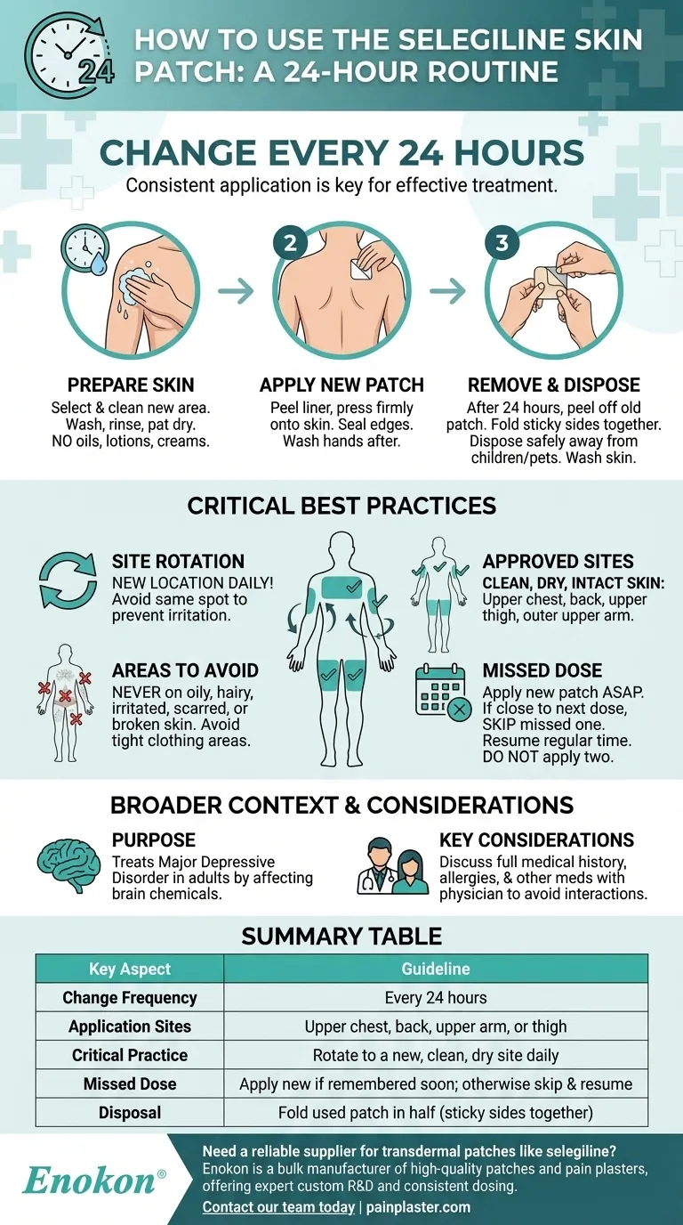 How often should the selegiline skin patch be changed? A Guide to Daily Dosing & Safety Visual Guide