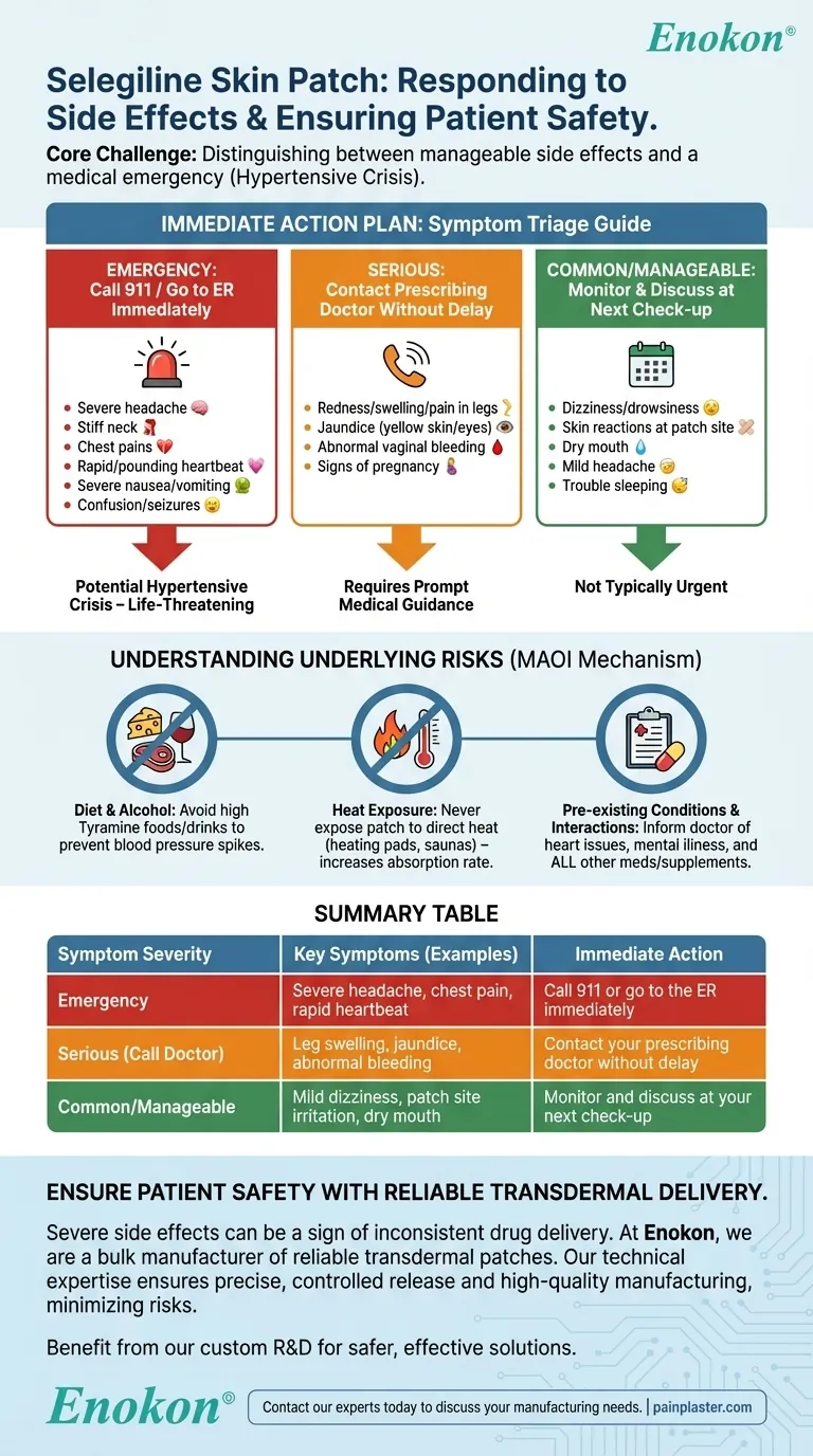 セレギリン皮膚貼付剤の使用中に重篤な副作用が発現した場合、どうすればよいですか？当面の措置と安全に関するヒント ビジュアルガイド