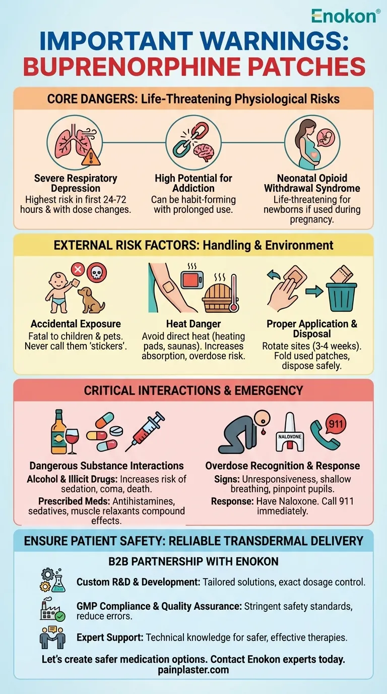 ما هي التحذيرات المهمة المرتبطة بلصقات البوبرينورفين؟شرح مخاطر السلامة الحرجة دليل مرئي