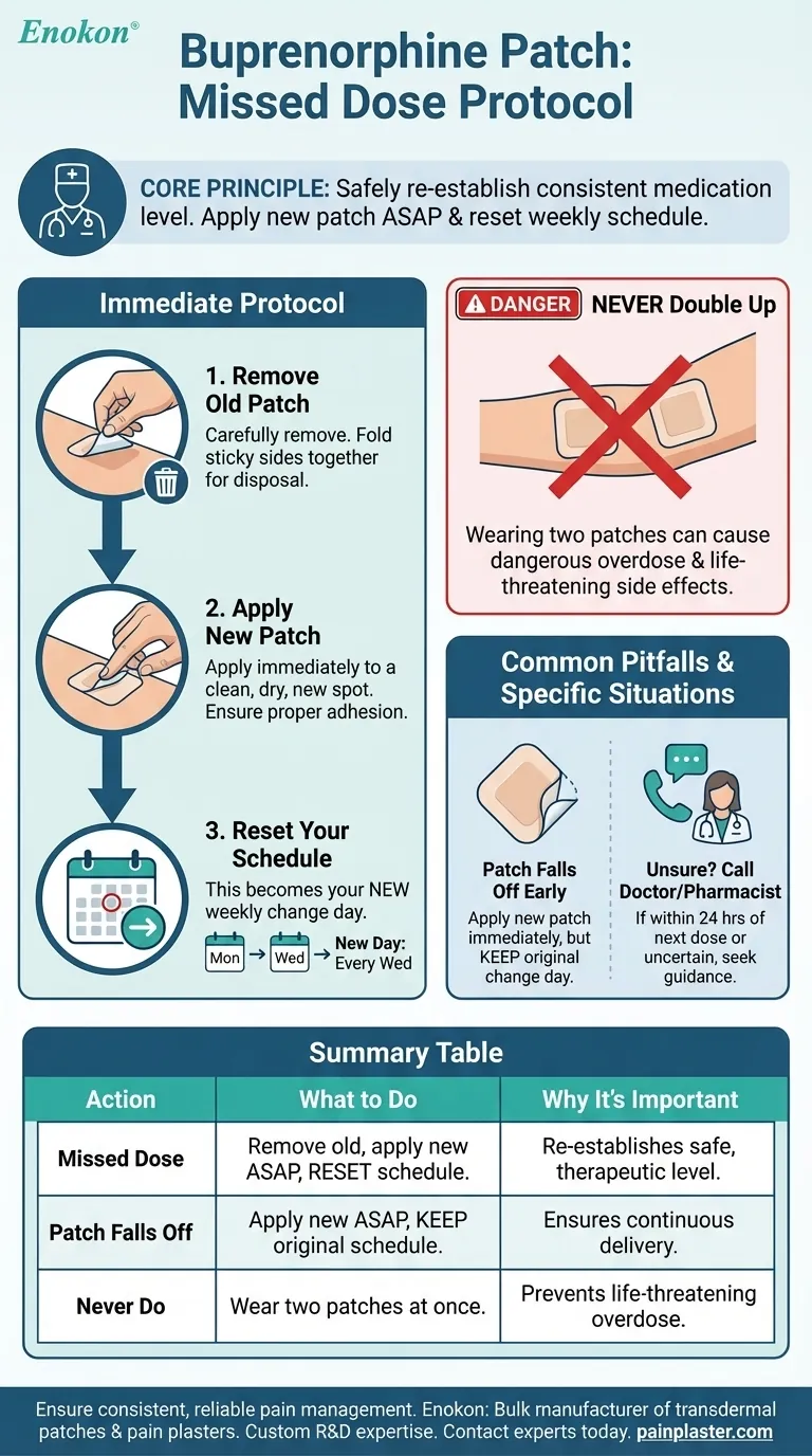 Was ist zu tun, wenn eine Dosis des Buprenorphinpflasters vergessen wurde?Befolgen Sie diese Schritte für eine sichere Anwendung Visuelle Anleitung