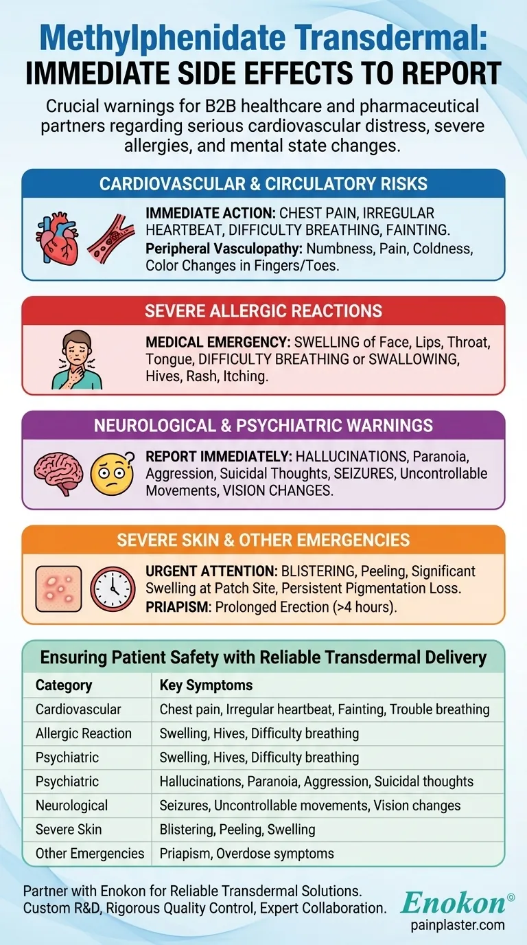 What serious side effects should be reported immediately when using methylphenidate transdermal? Recognize Critical Warning Signs Visual Guide