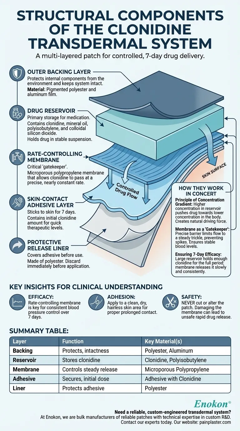 Quais são os componentes estruturais do Sistema Transdérmico de Clonidina?| Explicação das camadas principais Guia Visual