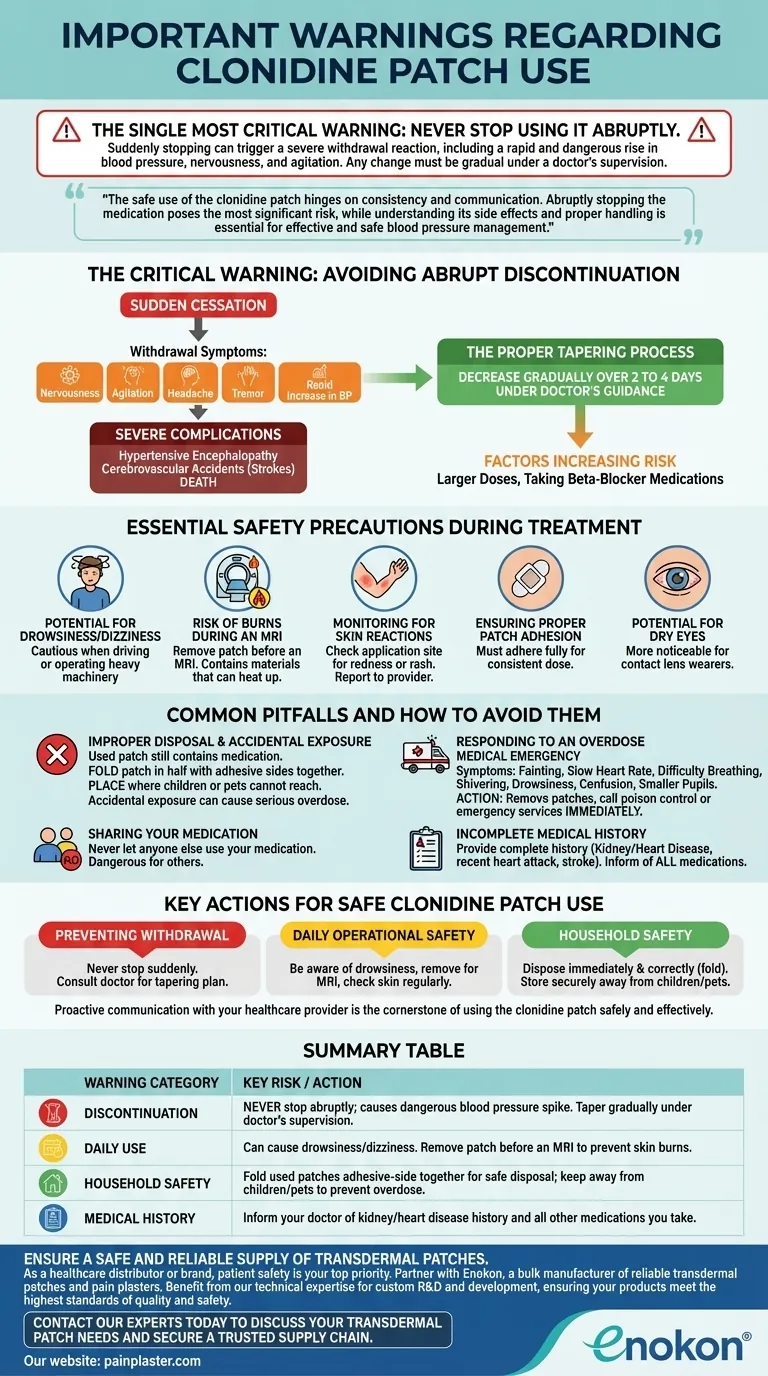 What are the important warnings regarding clonidine patch use? Avoid Dangerous Withdrawal and Risks Visual Guide