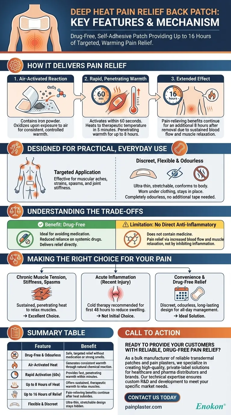ما هي الميزات الرئيسية للرقعة الحرارية العميقة لتخفيف آلام الظهر؟راحة طويلة الأمد وخالية من العقاقير دليل مرئي