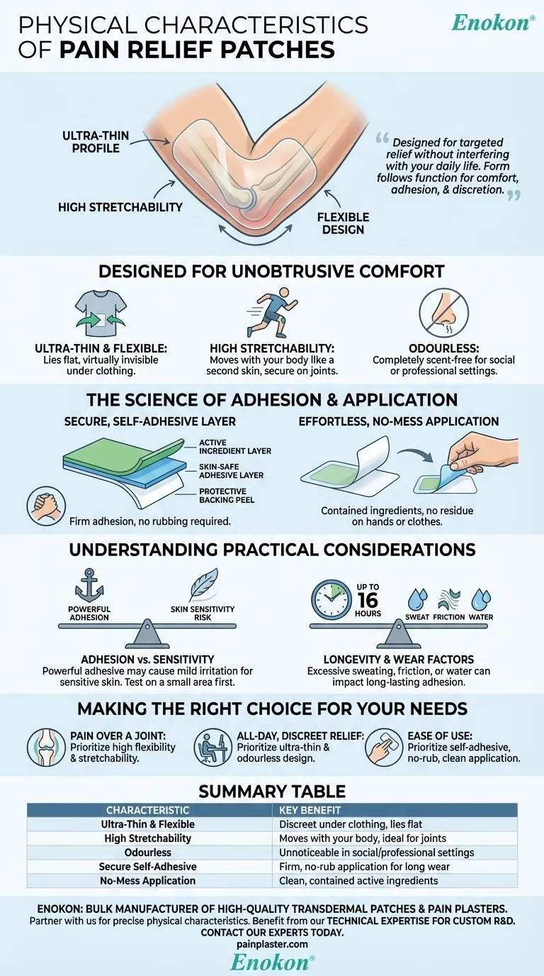 Quais são as caraterísticas físicas do Pain Relief Patch?Conforto e controlo eficaz da dor Guia Visual