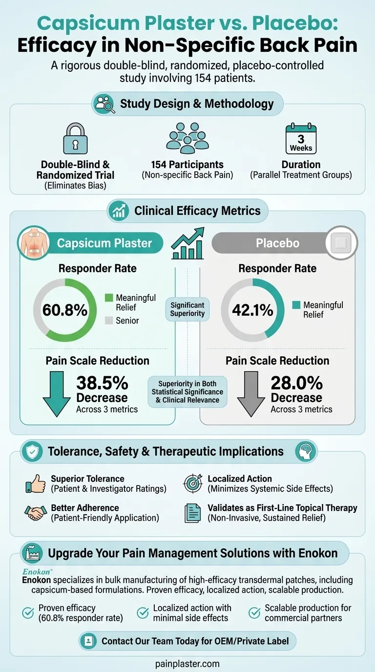 How was the efficacy of capsicum plaster compared to placebo in treating non-specific back pain? Proven Relief & Clinical Benefits Visual Guide