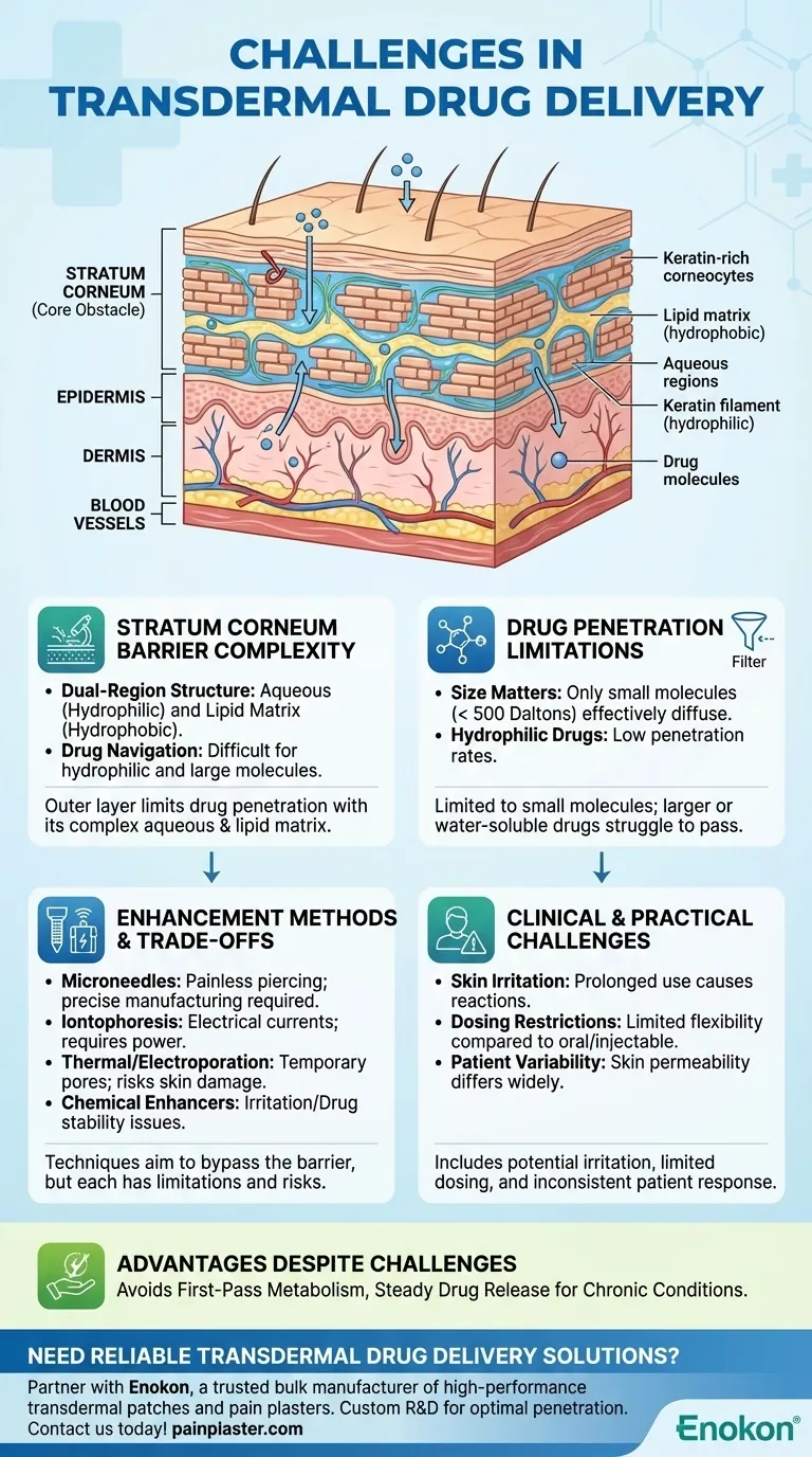 Qual é o principal desafio na administração transdérmica de medicamentos?Quebrar a barreira da pele para uma medicação eficaz Guia Visual