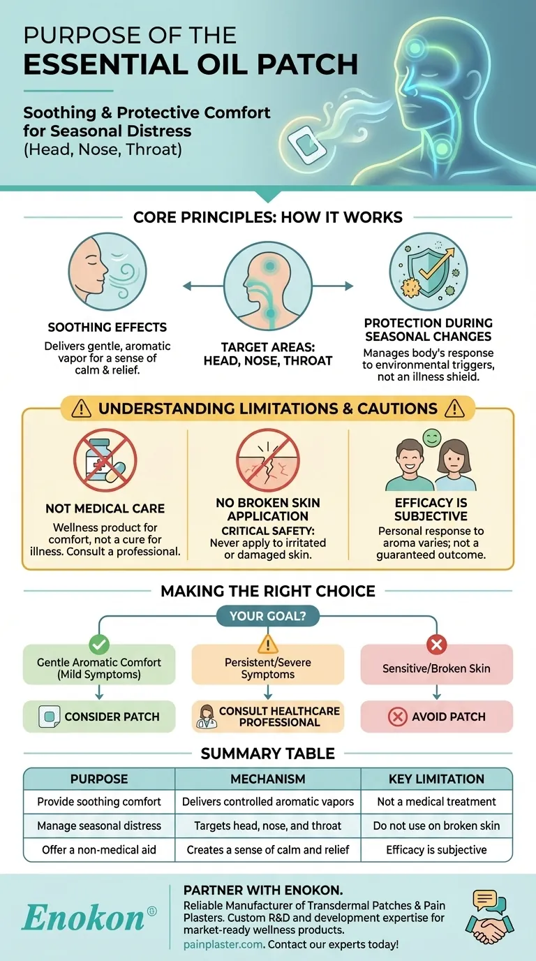 What is the purpose of the essential oil patch described? Soothing Comfort for Seasonal Discomfort Visual Guide