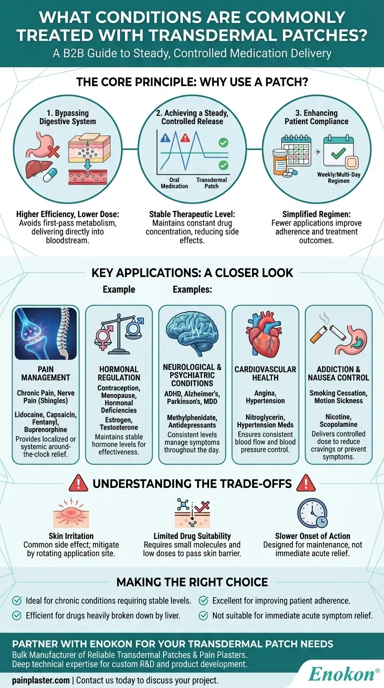 Que doenças são normalmente tratadas com adesivos transdérmicos?Descubra as suas versáteis utilizações médicas Guia Visual
