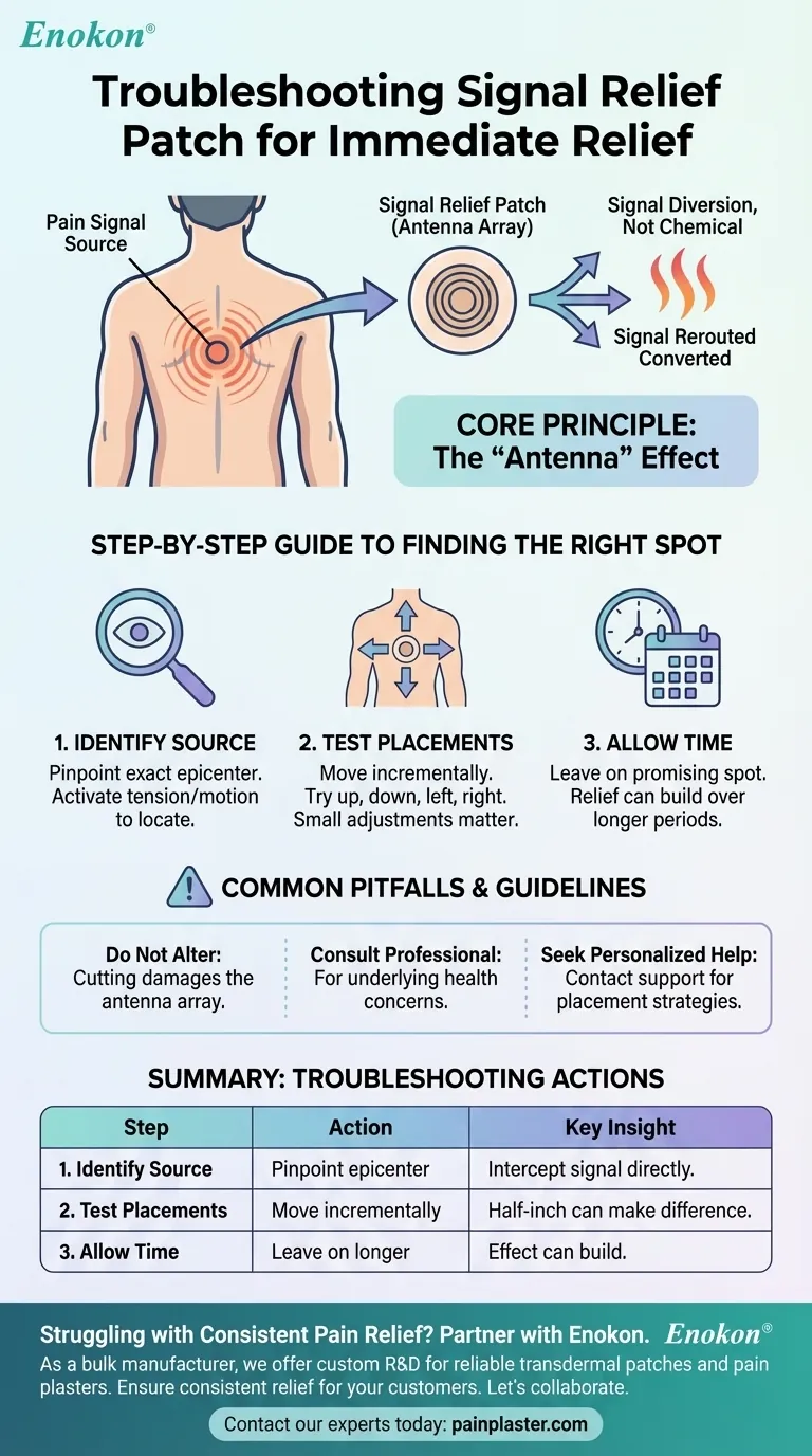 O que deve fazer se o adesivo Signal Relief não proporcionar um alívio imediato?Otimizar a utilização para obter melhores resultados Guia Visual
