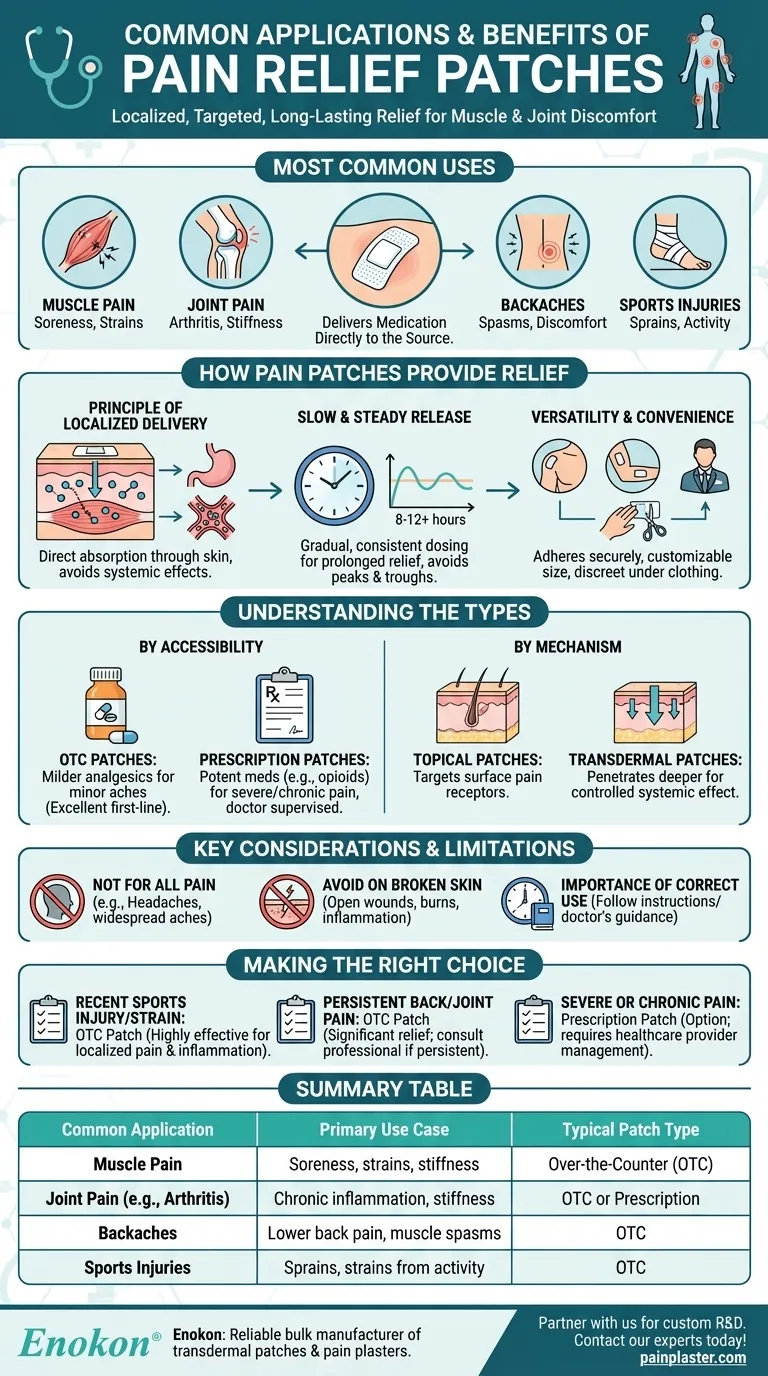 Quais são algumas das aplicações comuns dos pensos para alívio da dor?Alívio direcionado para o controlo da dor Guia Visual