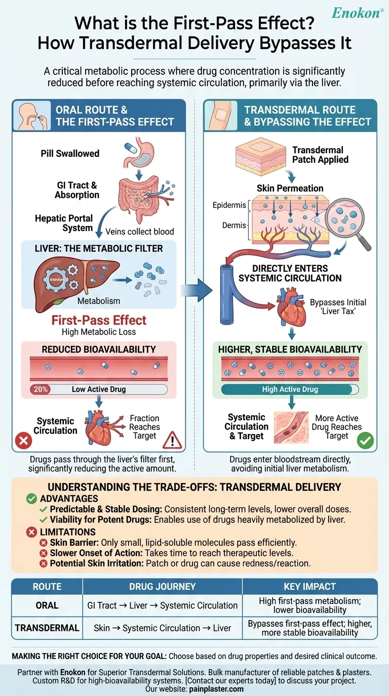 O que é o efeito de primeira passagem e como é que a administração transdérmica o evita? Guia Visual